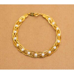 Vintage Gold Tone Roots Faux Pearls Bracelet 7 1/2 inch by Avon - Y15